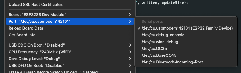 Port: “/dev/cu.usbmodem142101” out of a number of available Serial ports.